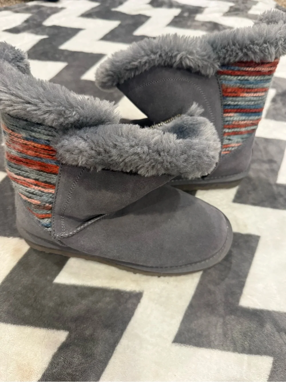 Lamo Women's Gray Faux Fur Winter Boots with Patterned Side Panel